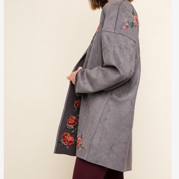 Floral Embroidered Open Front Faux Suede Jacket - Picture 3 of 4